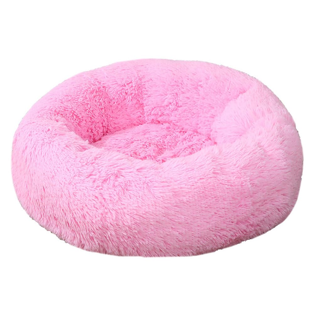 Hiseng Soft Fluffy Dog Bed, Solid Color Self-Warming Cat Bed Washable Round Dog Beds Medium, Plush Anti-Slip Bottom Donut Cat Beds for Indoor Cats (70cm,Bright Pink)