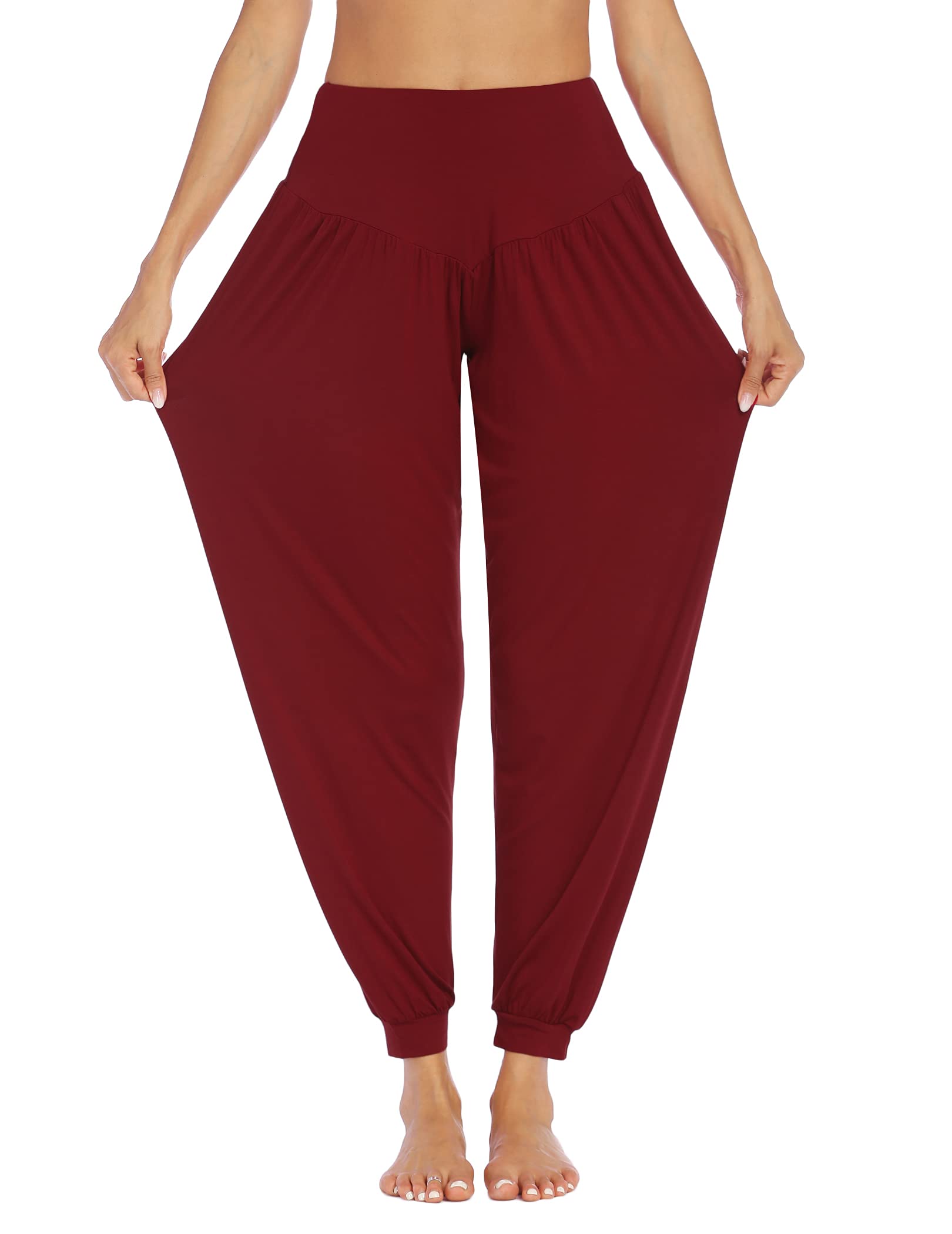PINSPARK Sporthose Damen Lang Yogahose Haremshose Yoga Hose High Waist Pluderhose Jogginghose Große Größen Freizeithosen Rot M
