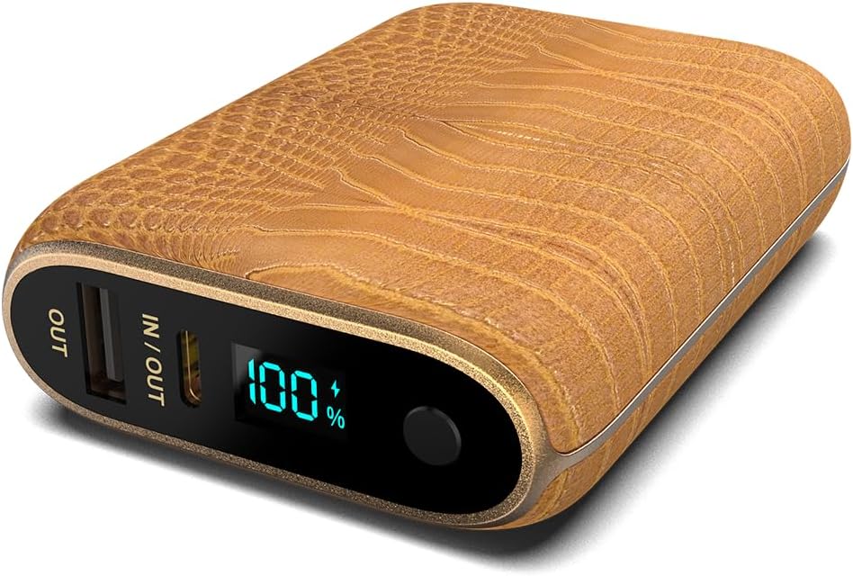 Halo RapidPack 10K DLX Power Bank | USB & USB-C Fast Charging for Multiple Devices, Smart Phones & Tablets, Synthetic Leather Wrapped, Portable Battery Charger, TSA Air Travel Approved — Gold