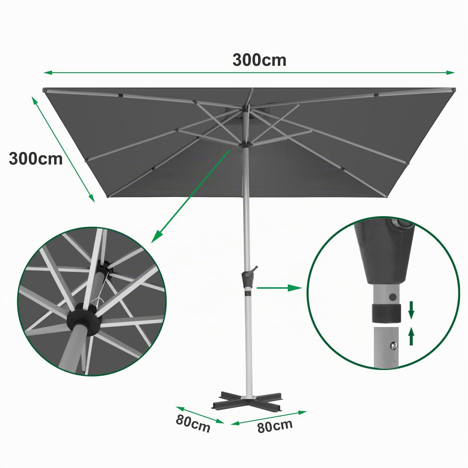 RANSENERS Parasol de Jardin 300 x 300 cm, avec Pied Croisé, 8 Baleines, Tissu de Haute Qualité, UV50+, pour Jardin, Terrasse, Café, Extérieur (Gris)