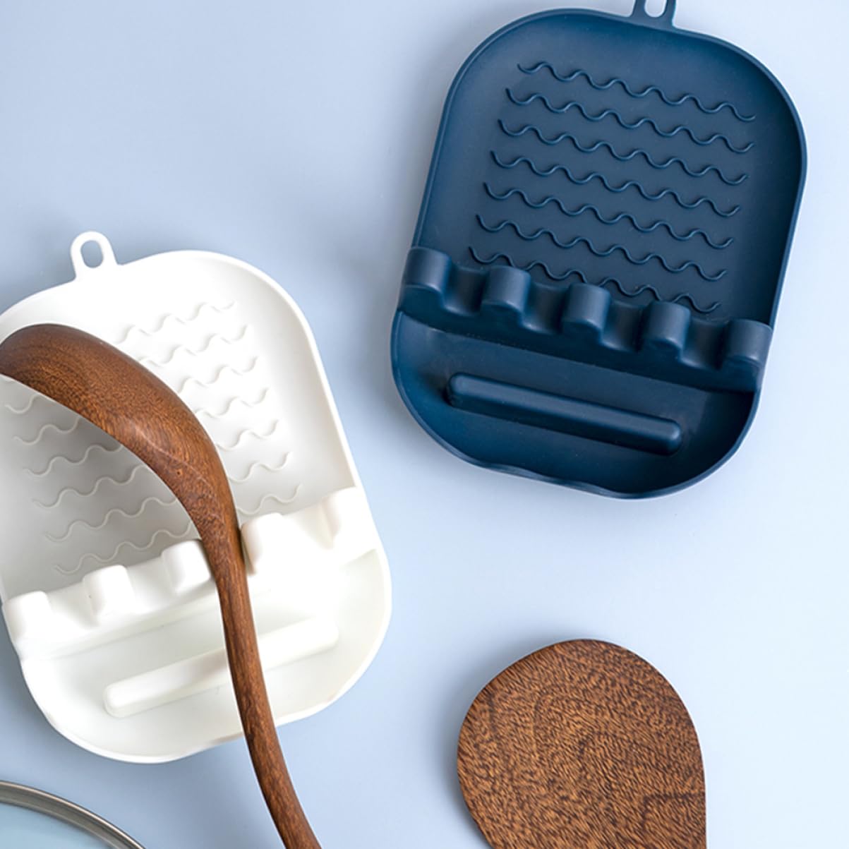 OFFSCH 2Pcs Multifunctional Kitchen Utensil Organizer Plastic Pot Cover Stand with Design Drying Rack for Spoon Chopsticks and Ladles Pink Navy Blue