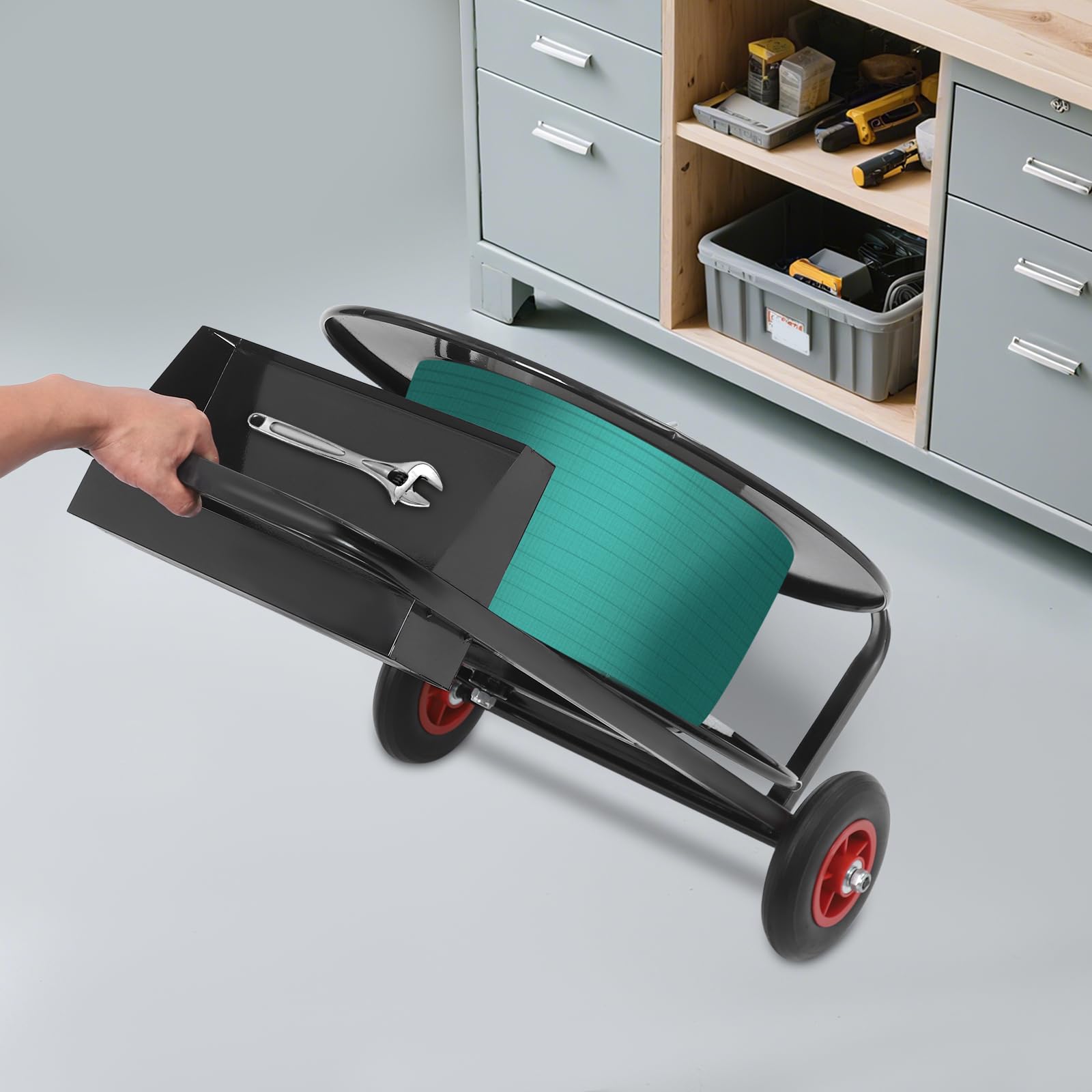 Chariot roulant pour bande de cerclage - Distributeur mobile avec bac de rangement robuste