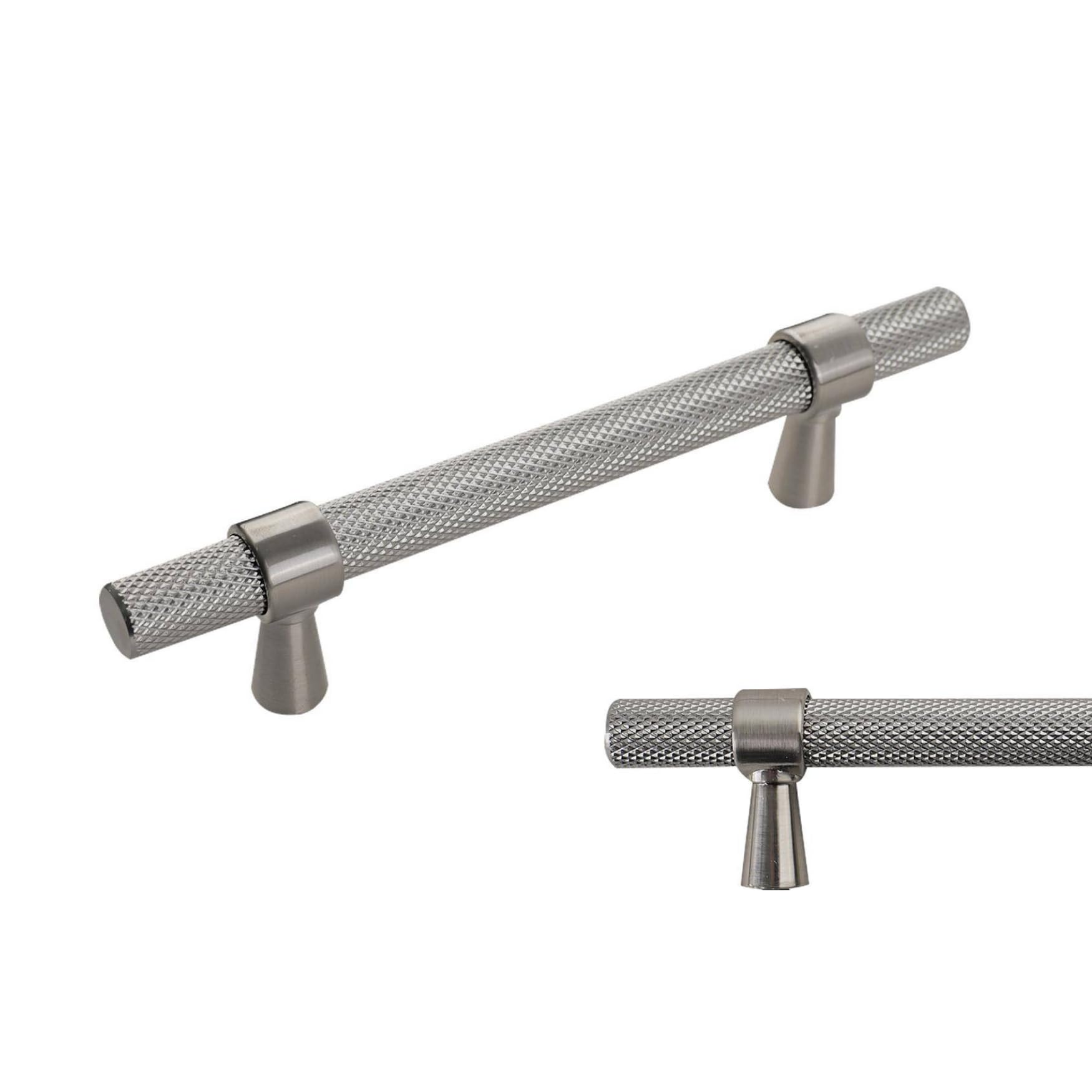 keypak 10 Pack Satin Nickel Knurled Kitchen Cupboard Handles, 96mm Hole Centres, Aluminium T-Bar Pulls for Cabinet, Wardrobe Doors, Chest of Drawers