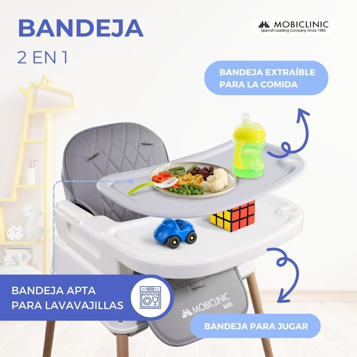 Mobiclinic® kids, Trona bebé evolutiva, 3 en 1, Kiara, Elevador + silla de juegos alta, Plegable, Arnés con 5 puntos, Bandeja ajustable, 6-36 meses, Hasta 15 kg, Textil impermeable