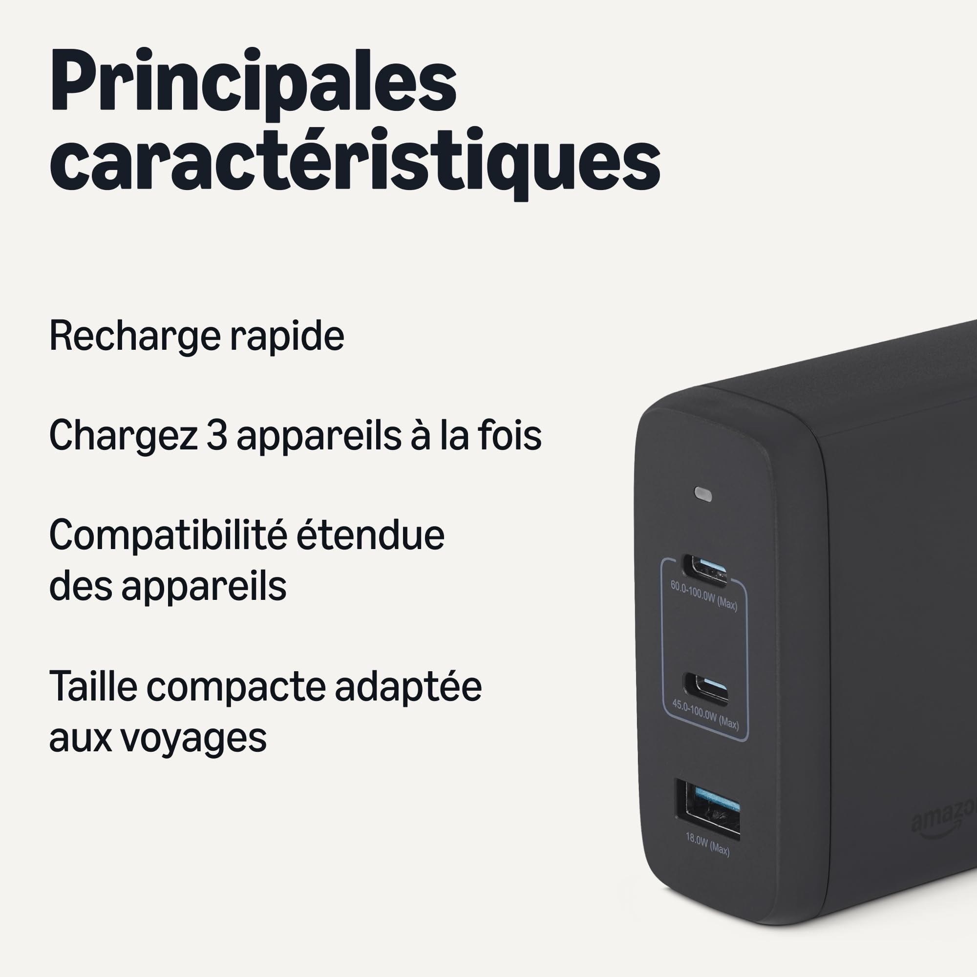 Amazon Basics Chargeur Mural USB C Nano GaN à Chargement Rapide, 120W, 3 Ports, Pour Ordinateurs Portables, Tablettes et Téléphones, Noir