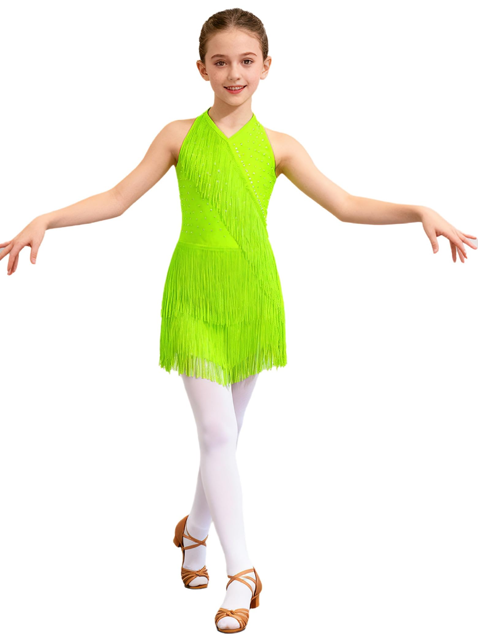 Jydiazi Vestido de baile latino para niña, con flecos, con brillantes, vestido de tango latinoamericano, Cha Cha, ropa de baile — view 10