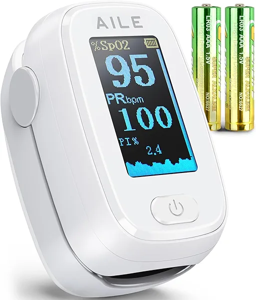 AILE Pulse Oximeter with Fingertip Oxygen Meter, Compact Fingertip Pulse Oximeter - Blood Oxygen/Heart Rate Monitor - 4 Color Screen Display - Including 2AAA Batteries for Athletic & Home