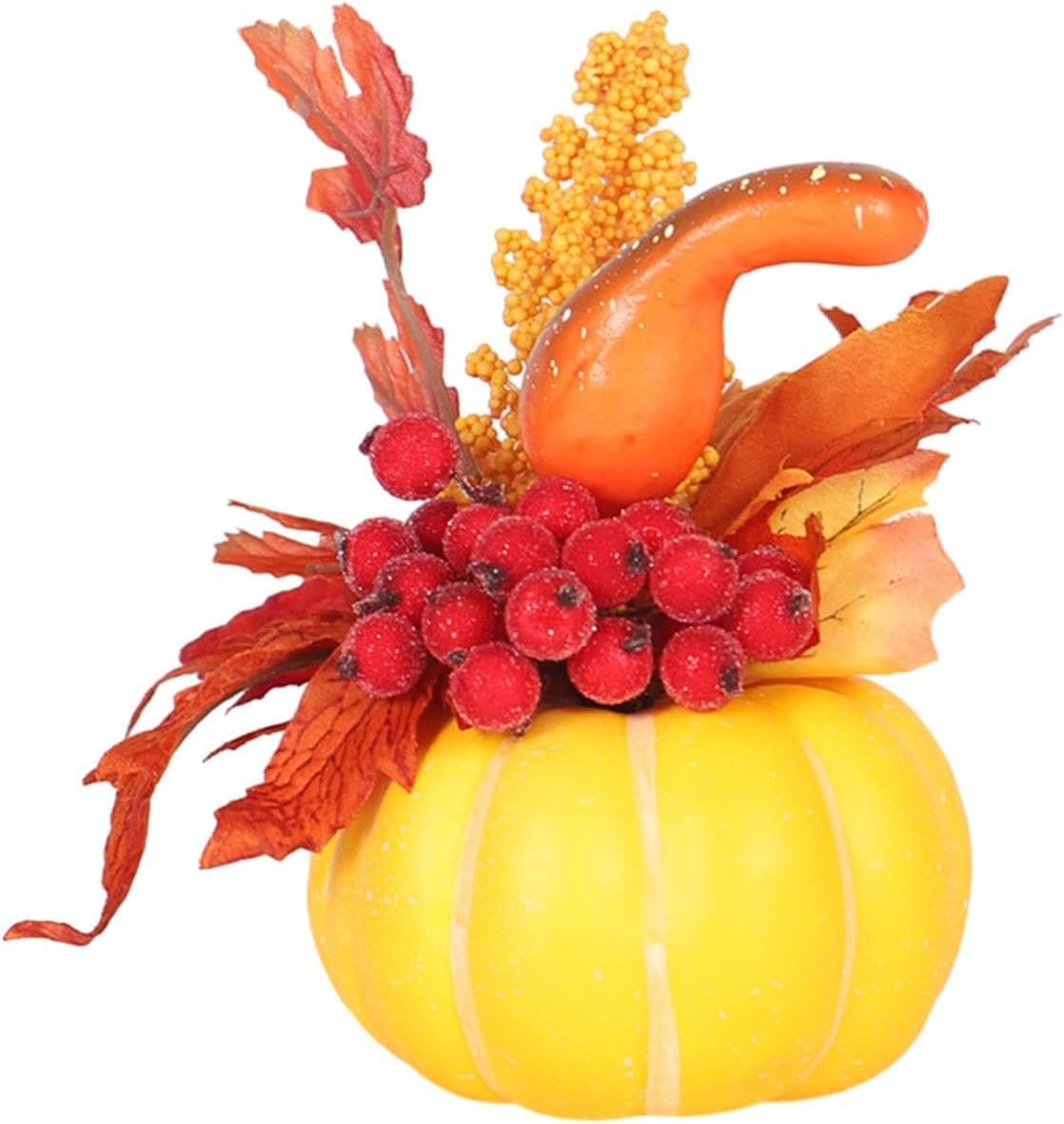 Artificial Pumpkin Ornament Autumn Pumpkin Table Statue Artificial Pumpkin with Maple Leaf Fake Pumpkin Statue for Thanksgiving Fall Table Decorations - Orange
