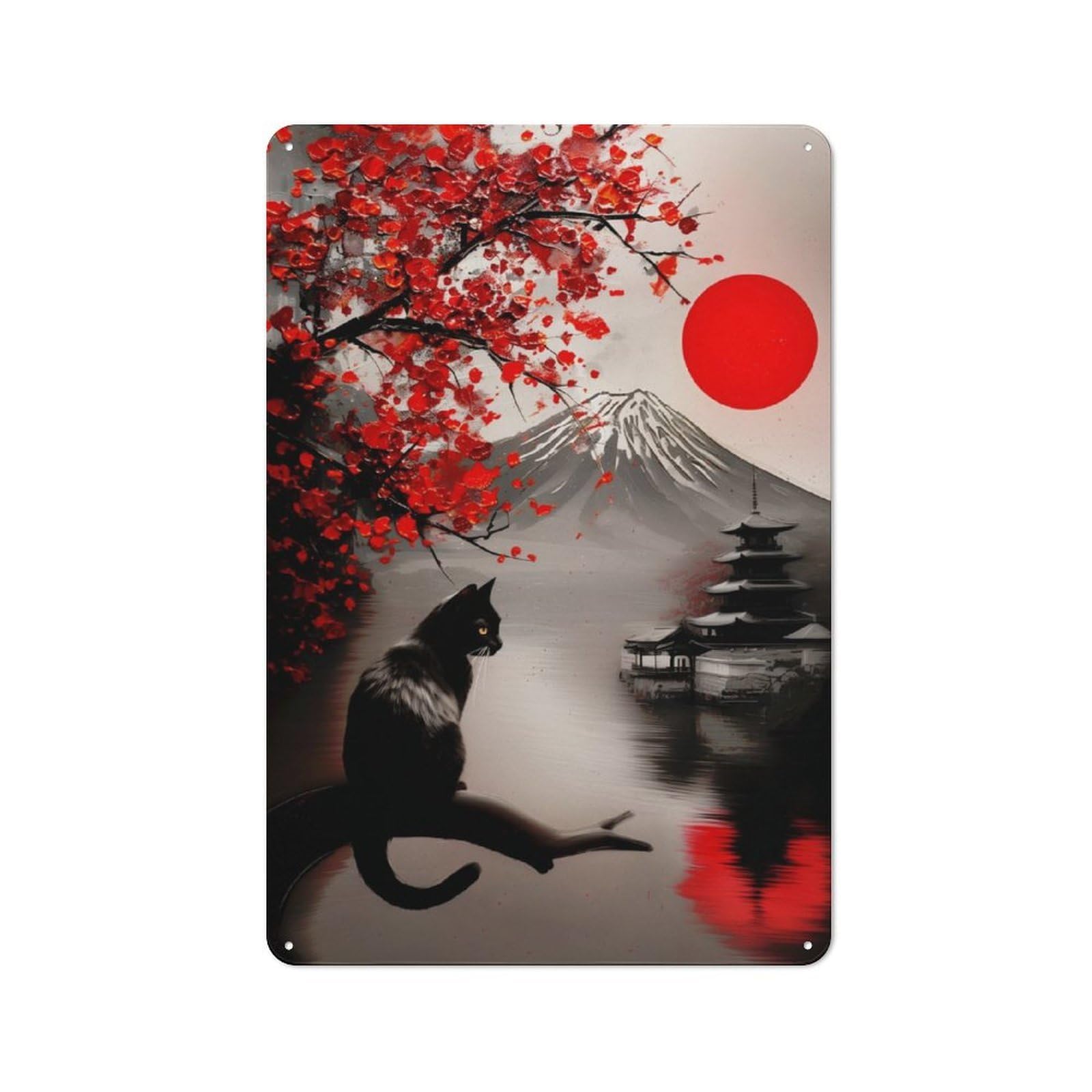 Junmoney Abstract Fuji Mountain Feline Serene Painting Tin Sign 30X20cm For Pub Or Café, Vintage Wall Decor, For Café Interior Fans, For Retro Home Interiors