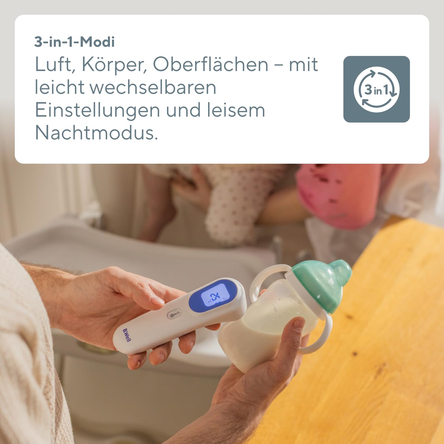 B.Well Swiss Kontaktloses Infrarot-Thermometer TH-7000, 3in1-Temperaturmessgerät für den Körper, Wasser, Luft und Oberflächen von 0-100 °C, Mit Abstandssensor und Nachtmodus, Schweizer Qualität
