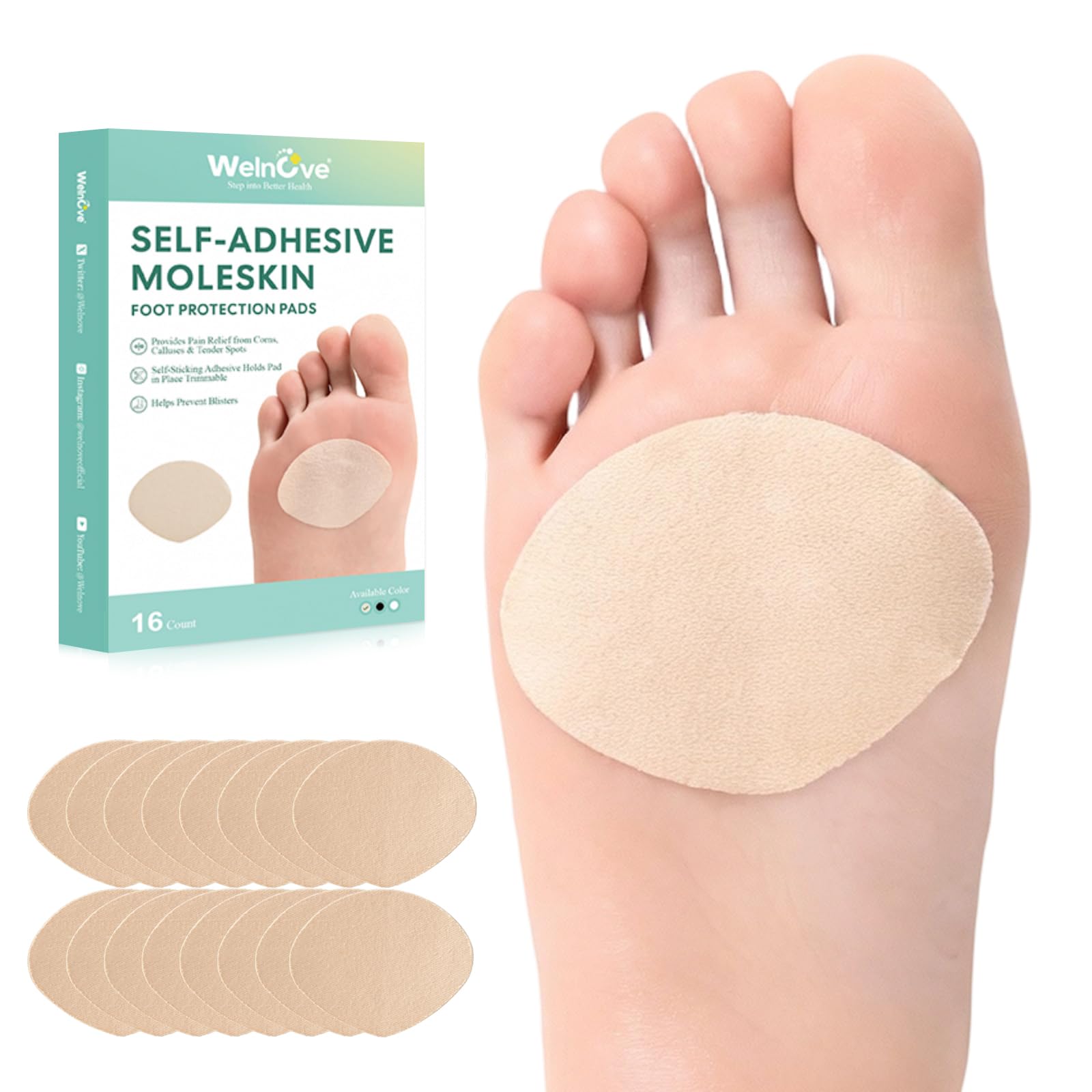 Welnove Moleskin Adhesive Pads for Feet, Blister Bandages for Feet, Sector-Shaped Design for Ball of Foot,Mole Skin Patch for Blister,Callus,Bunion Prevention, 16 Sheets, Beige