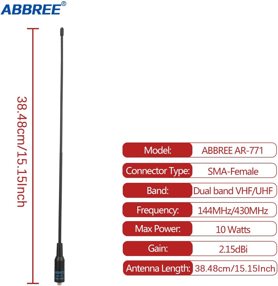 Image displaying the ABBREE AR-771 antenna alongside a table of its key specifications: Model, Connector Type, Band, Frequency, Max Power, Gain, and Antenna Length.