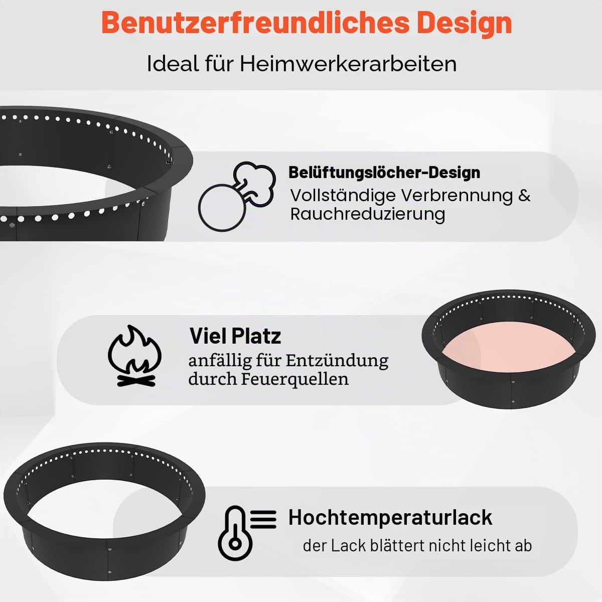 Rauchfreie Feuerstelle für den Außenbereich, 81,3 cm Außendurchmesser, 71,1 cm Innendurchmesser, robuster massiver Metall-Stahl, runder Feuerschalenrandeinsatz für draußen, DIY-Lagerfeuerring oben