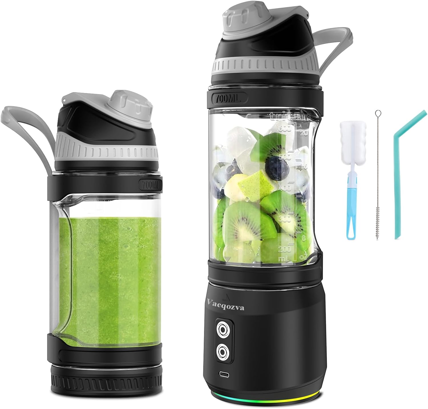 Draagbare blender voor shakes en smoothies, 24oz 300W reismixer onderweg USB oplaadbare persoonlijke blender voor smoothies eiwitshakes met een reisdeksel en BPA-vrije fles (grijze dop zwart body)