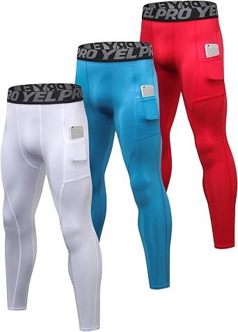 1 or 3 Pack Mens Compression Pants with Pocket Running Leggings Sports Cool Dry Workout Base Layer Underwear