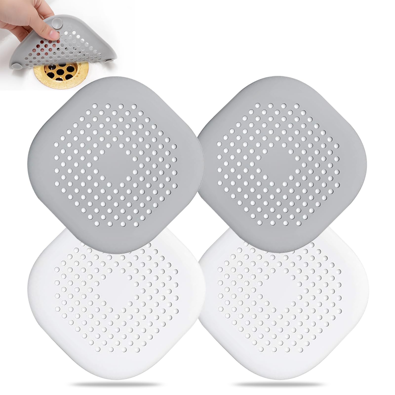 Hair Drain Catcher,Square Drain Cover for Shower Silicone Hair Stopper with Suction Cup,Easy to Install Suit for Bathroom,Bathtub,Kitchen 4 Pack (Grey