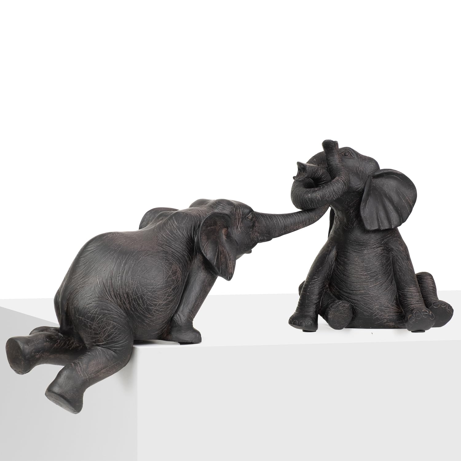 Dekoracyjny zestaw figurek słonia z czarnej żywicy – zestaw 2 figurek słoni z grą trąbki - 40 x 12 x 25 cm i 20 x 21 cm - nowoczesne figurki zwierząt, na półkę, stół lub parapet