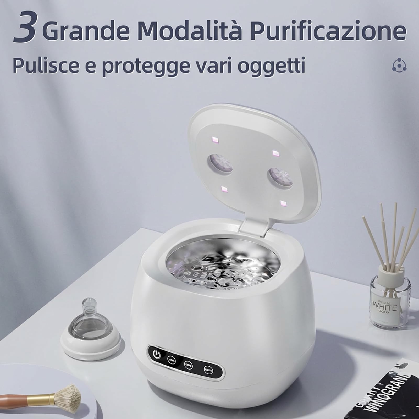 Cleon - Pulitore ad Ultrasuoni per Mascherine Dentali, 45000Hz con 3 modalità, Vasca in Acciaio Inossidabile, Pulizia Rapida in 5 Minuti