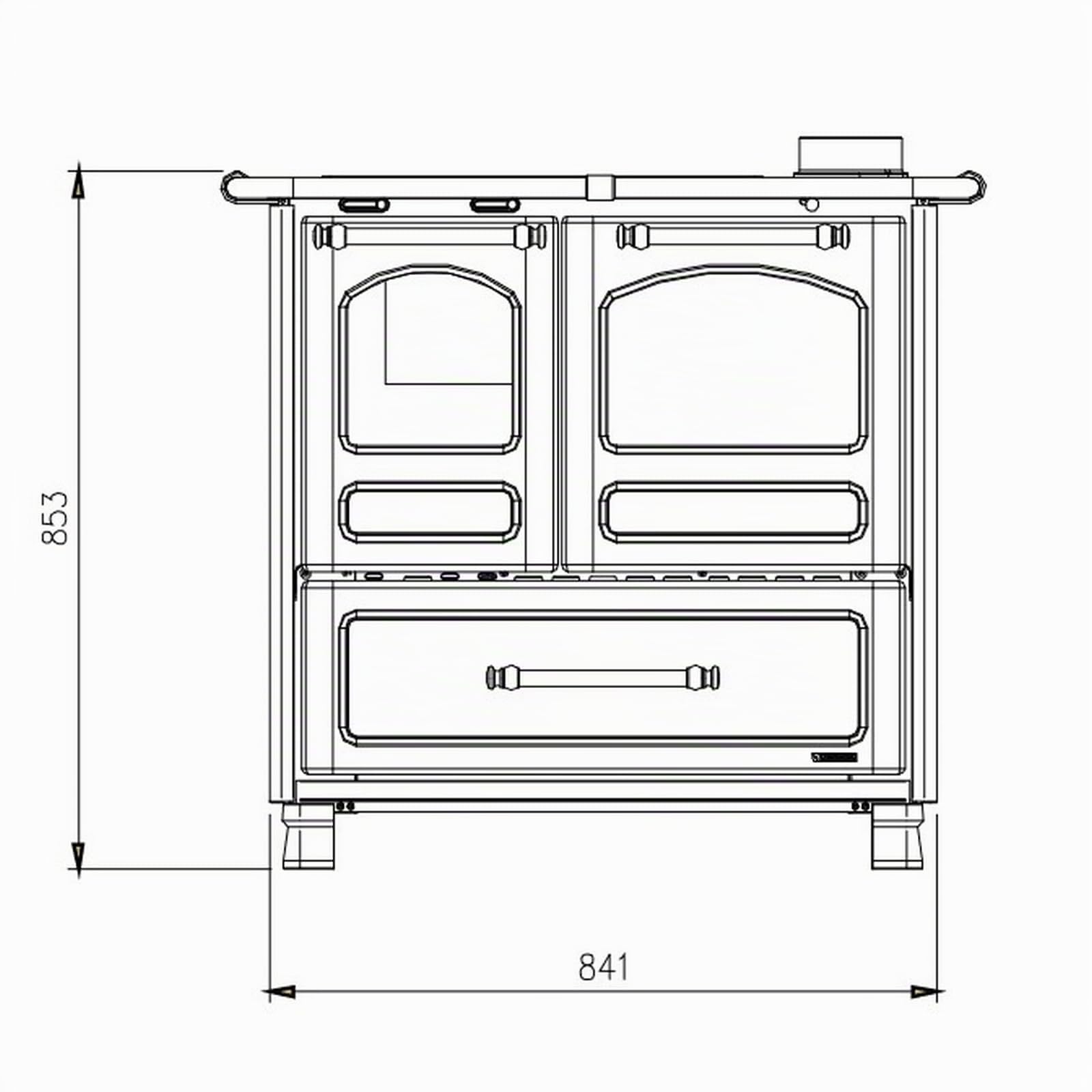 Nordica FAMILY 4,5 dritto Rivestimento esterno in acciaio porcellanato. Porta fuoco panoramica con doppio vetro. Forno smaltato da 41 litri con porta a doppi vetri. Telaio in ghisa vetrificata.