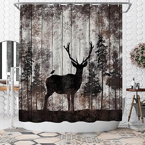 WELMECO Rustic Shower Curtain Cabin Shower Curtain Deer Print Bathroom Decor