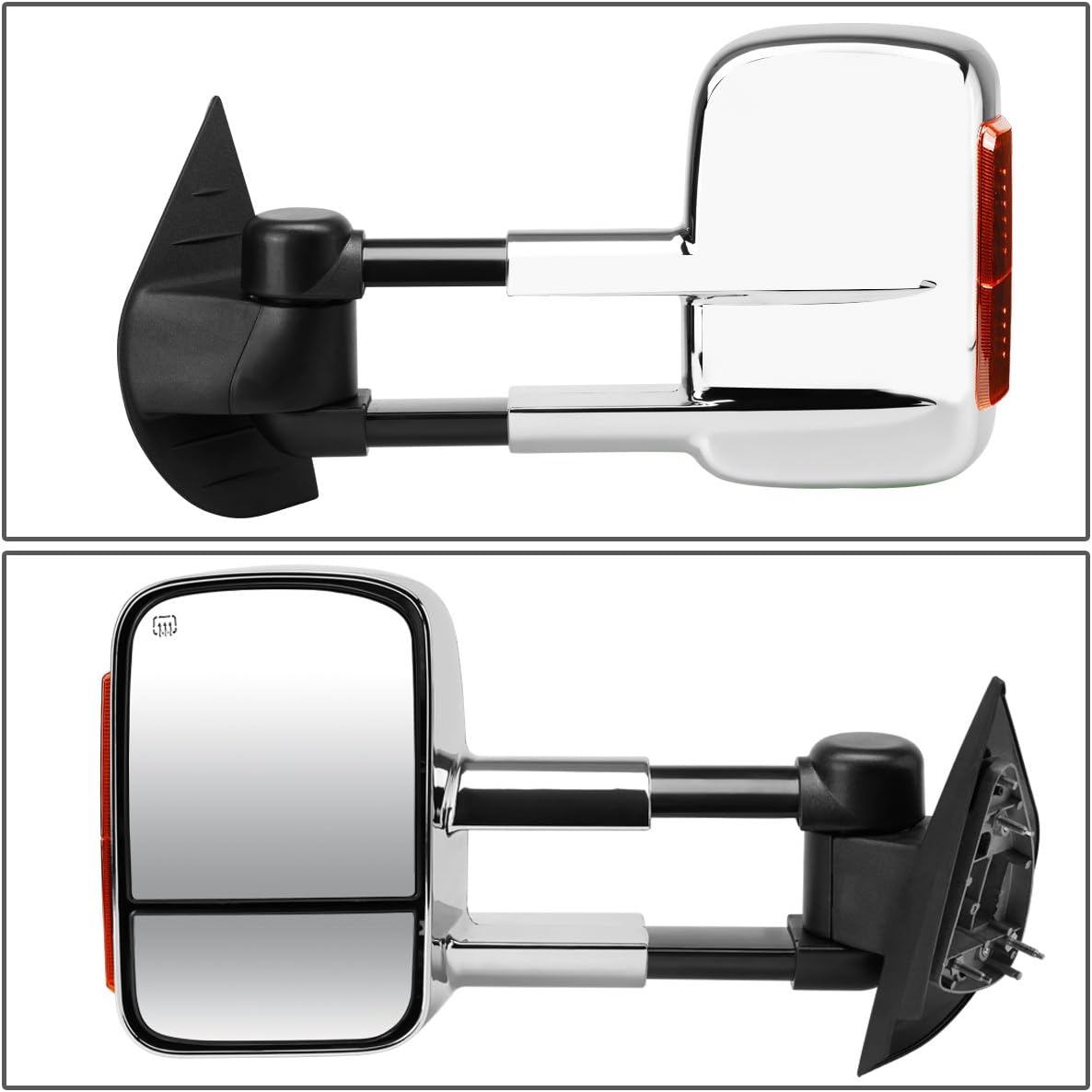 Auto Dynasty Driver and Passenger Sdie Rear View Towing Mirrors - Manual Telescoping | Power Adjustment | Heated Glass | Amber LED Turn Signal - Compatible with Silverado Sierra GMT900 07-14, Chrome