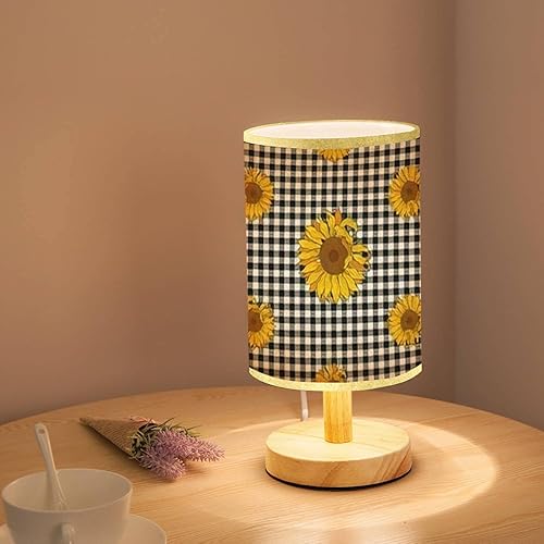 Miniatura 2 de Lámpara minimalista para mesita de noche, girasoles brillantes, a cuadros de búfalo blanco y negro, a cuadros, sin costuras, floral, de madera,