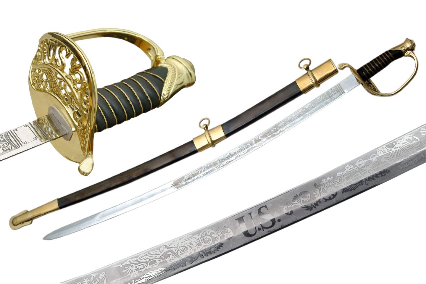 SZCO 41" U.S. Army Officer Saber Sword – Etched Curved Blade Ceremonial Sword Replica with Gun Blue Finish, Brass Guard & Metal Scabbard