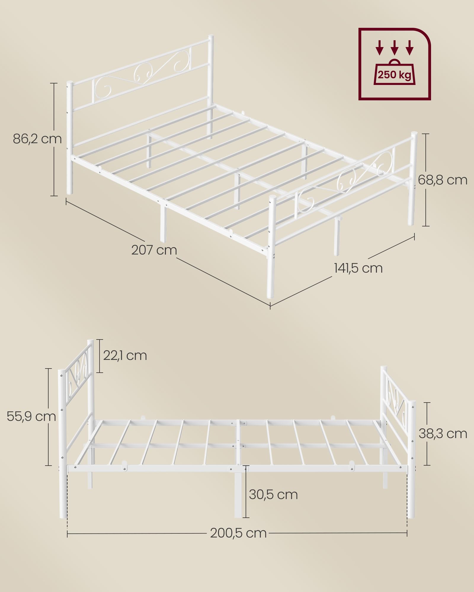 VASAGLE Bett 140 x 200 cm, Gästebett, Doppelbett aus Metall, Bettgestell, Bettrahmen, Metallbett, einfache Montage, mattweiß RMB064WG01