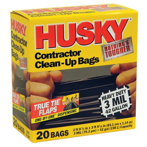 Husky HK42WC020B 42-Gallon Polyethylene Resin Contractor Clean-Up Bags 20 Count 2 ft 8.75in L x 3 ft 9.13 in W x 3 mil T Black