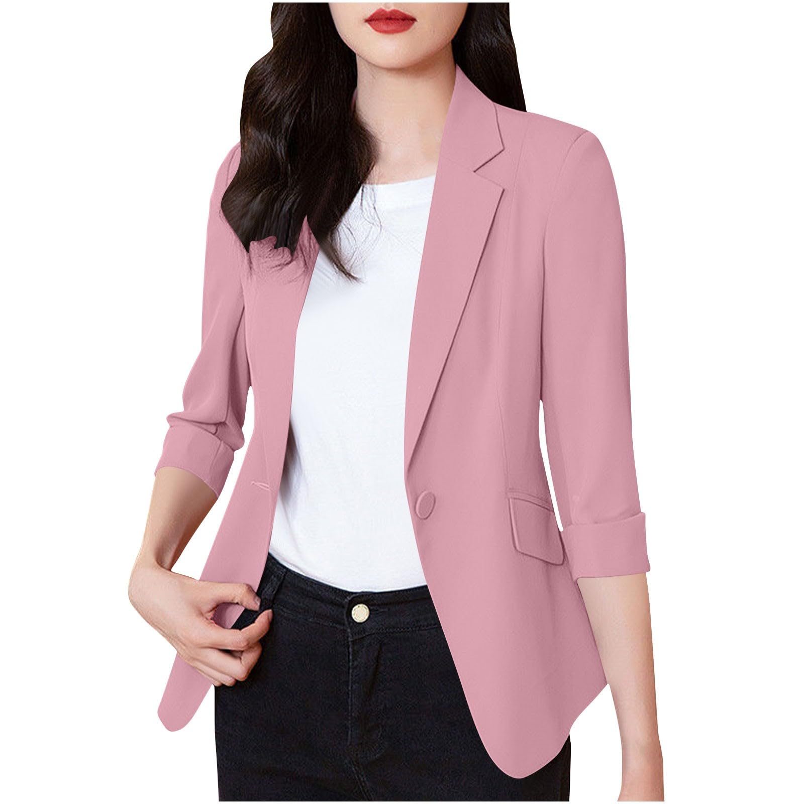 Womens 3 4 Sleeve Lapel Blazer Jackets Fashion One Button Suit Cardigan Lightweight Casual Formal Tops with Pockets