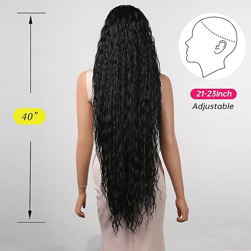 Miniatura 4 de Allbell Pelucas de encaje frontal rizado negro para mujer, peluca de cabello largo de 40 pulgadas natural con partición media