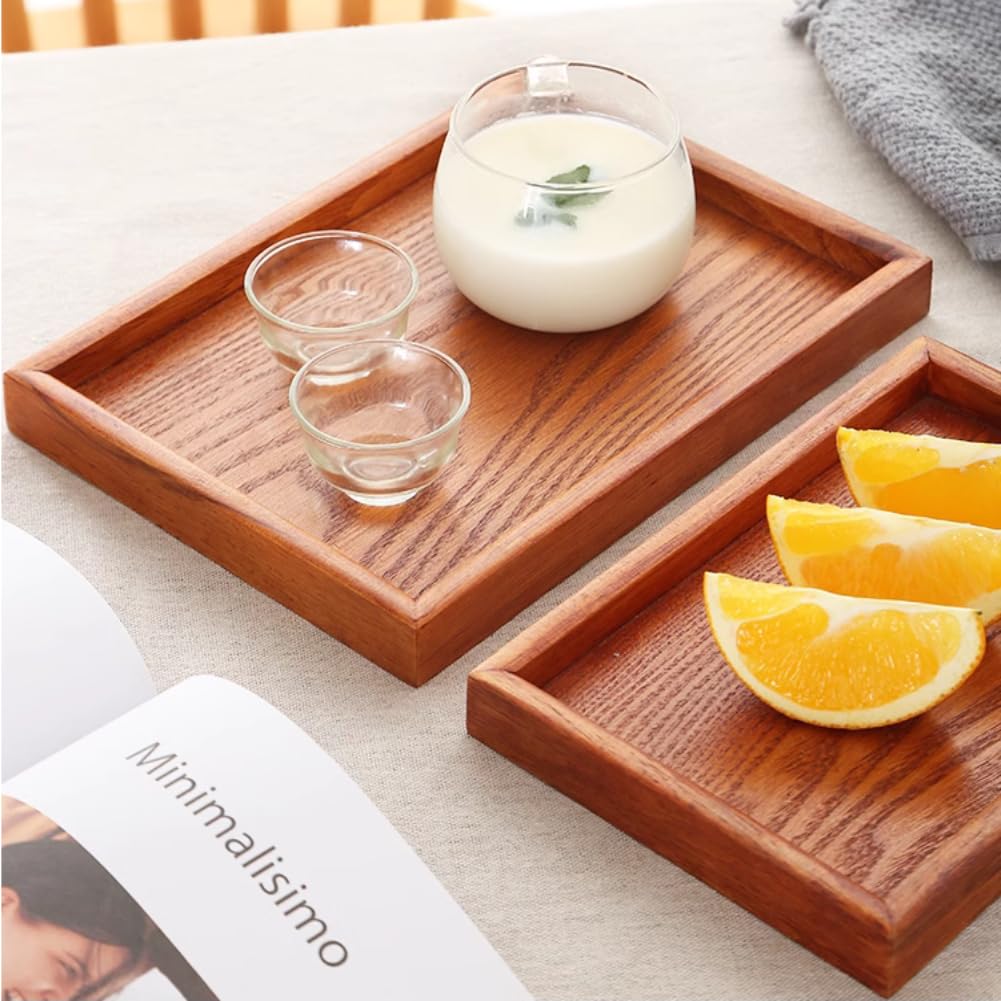 Drewniana taca, prostokątna drewniana taca do serwowania, naturalna taca z drewna bambusowego, nowoczesne bambusowe tace do serwowania stolików kawowych (36 x 27 cm)