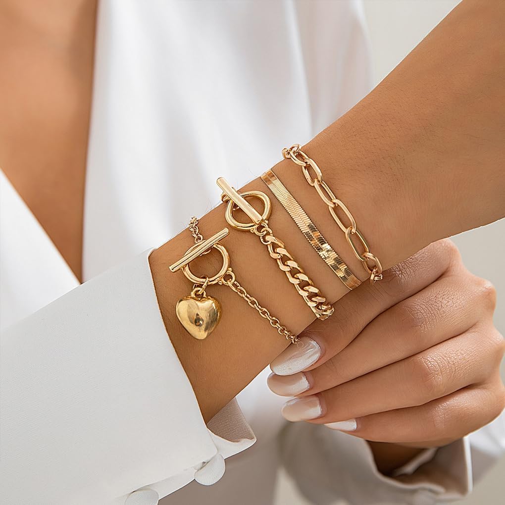 Stackable Gold Heart Toggle Clasp Bracelets Set for Women Layered Cuban Link Chain Bangles Adjustable Paperclip Bracelets Pack Jewelry Accessories - Image 5