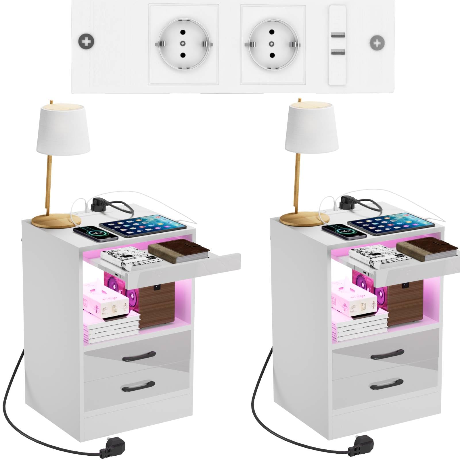 Rcynview Mesitas de Noche Blancas Pack 2 Mesita de Noche con Iluminación LED, Mesillas de Noche Dormitorio con Estación de Carga, Puertos USB, Mesa de Noche con 3 Cajones, 40x35x60cm