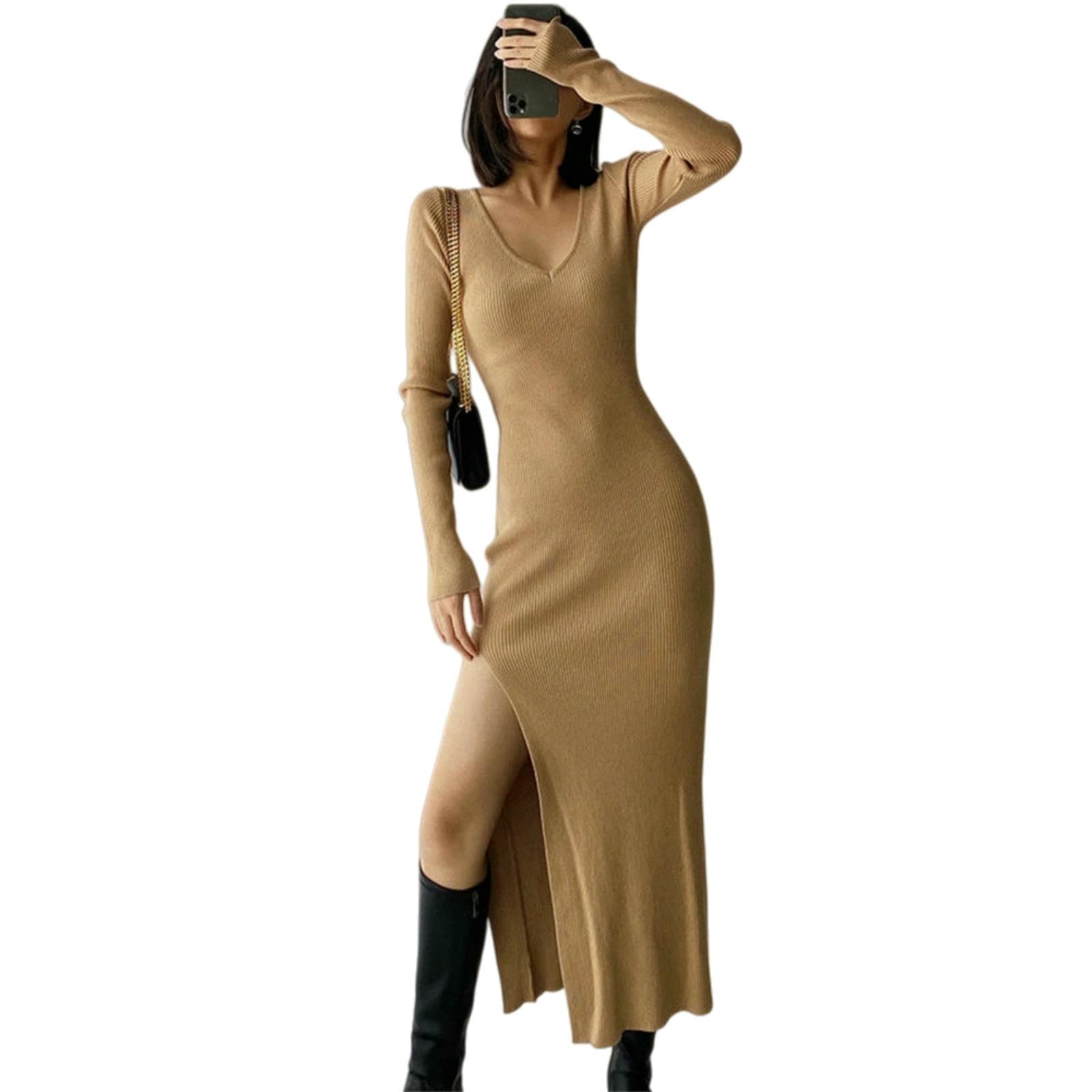 Vestiti a Maniche Lunghe Abito in Maglia da Donna Stile Francese, Avvolgente Slim Fit con Scollo V Spacco, Autunno Inverno per Feste E Abbigliamento Quotidiano-Arancione-s