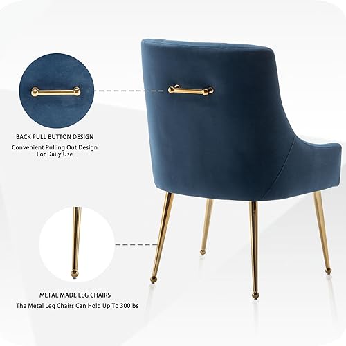 Miniatura 5 de Juego de 2 sillas de comedor, modernas sillas de comedor de terciopelo con patas doradas, elegantes sillas decorativas copetudas para recepción,