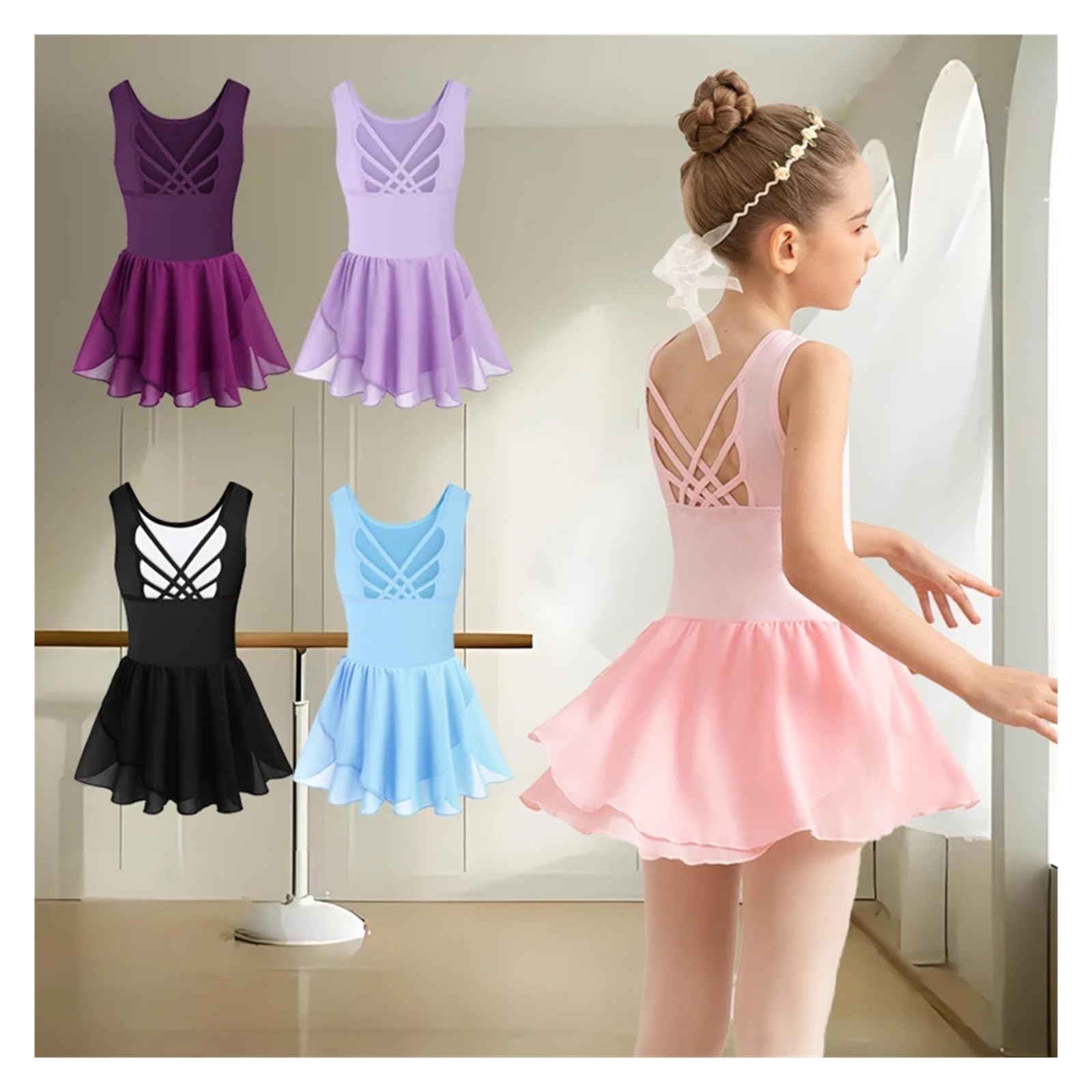Mallas de Ballet sin Mangas for niñas con Falda, Vestido de Baile for niñas pequeñas, Linda Espalda Hueca con Mariposas(Dark Purple,XXL 10-12Y)