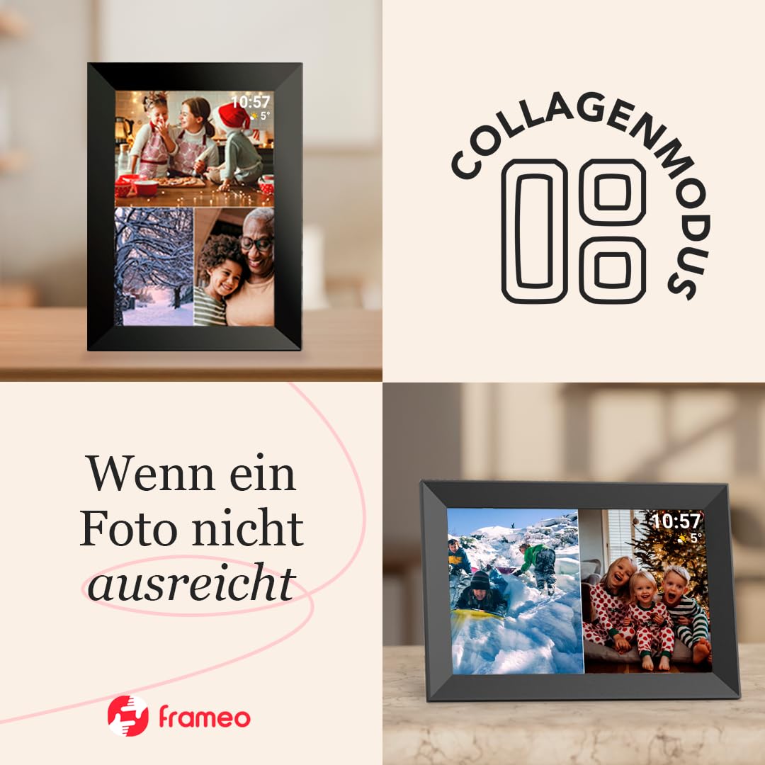 Cytem Cadre photo numérique 10,1" avec Wi-Fi et frameo, anti-reflet, mat, mémoire 32 Go, détecteur de mouvement, image, cadre photo électronique, écran tactile IPS 1280 x 800, noir