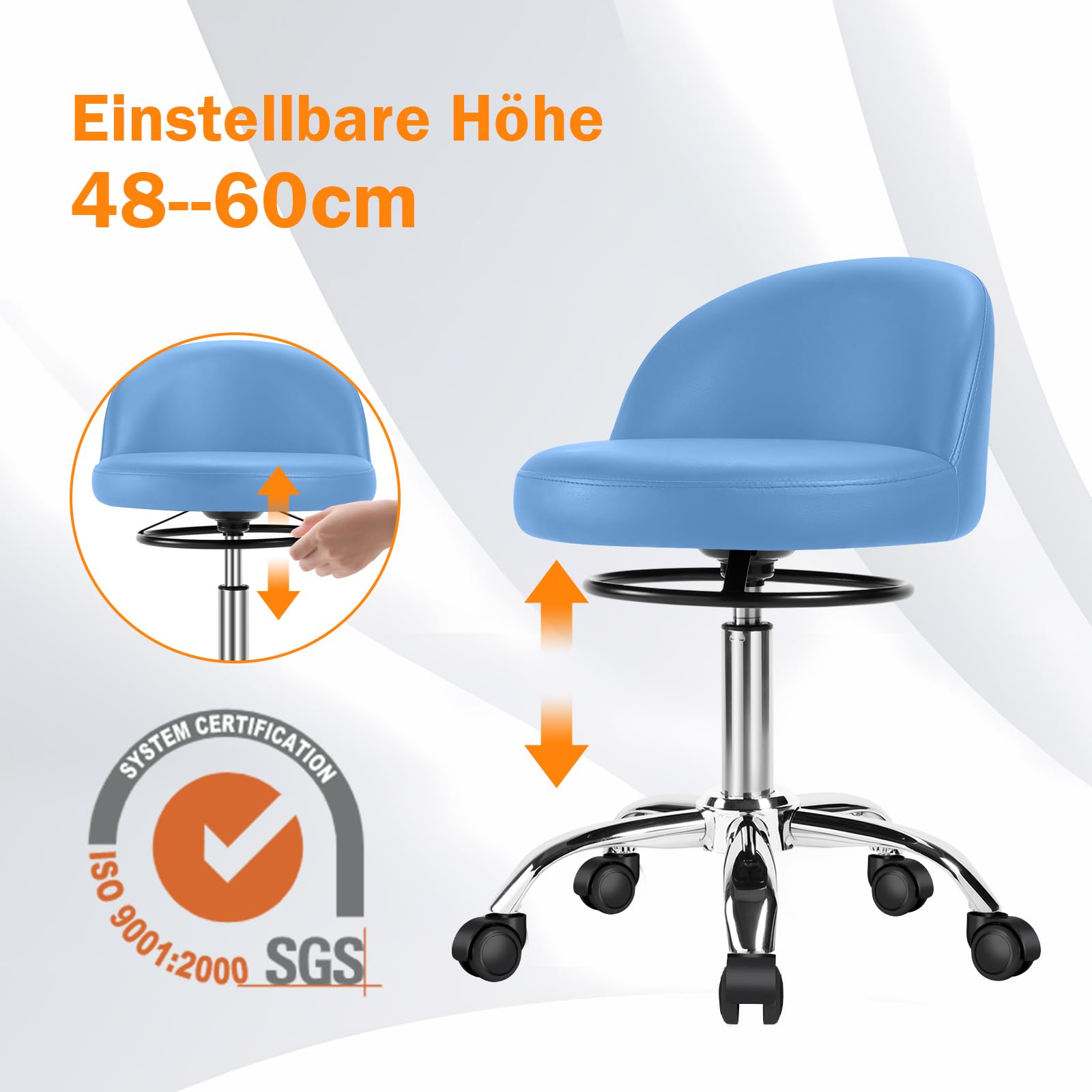 Rolkruk, draaikruk met wieltjes, werkkruk met rugleuning, bureaukruk, in hoogte verstelbaar, voor massage, kantoor, thuis, salon, stoel, barkruk, keukenkruk, kruk, in hoogte verstelbaar, blauw