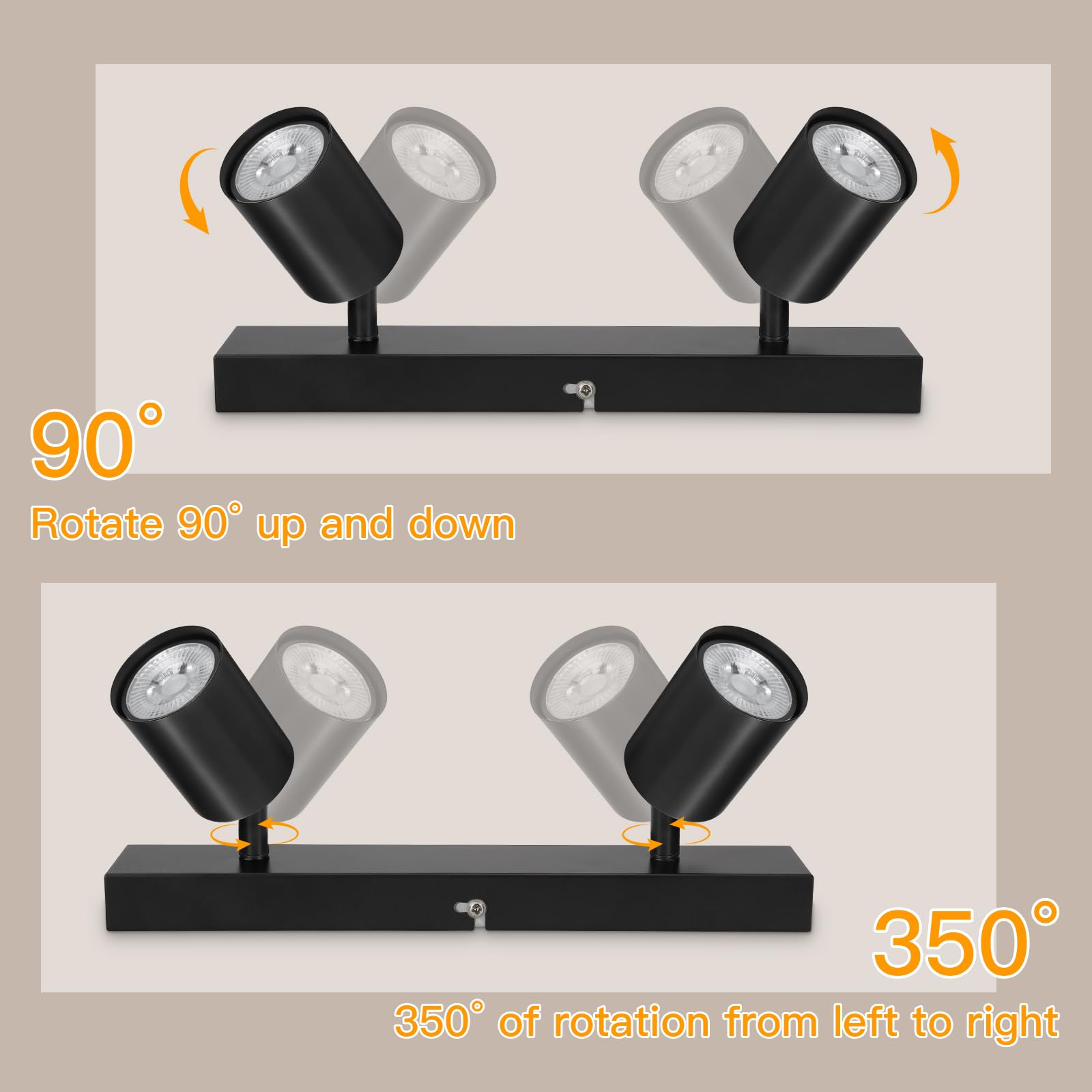 Lámpara de Techo de 2 Focos Giratorios GU10, Lámpara de Pared Interior LED Negro Ajustables, Foco de Pared para Interior Iluminación para Dormitorio Pasillo Cocina, Sin Bombilla GU10