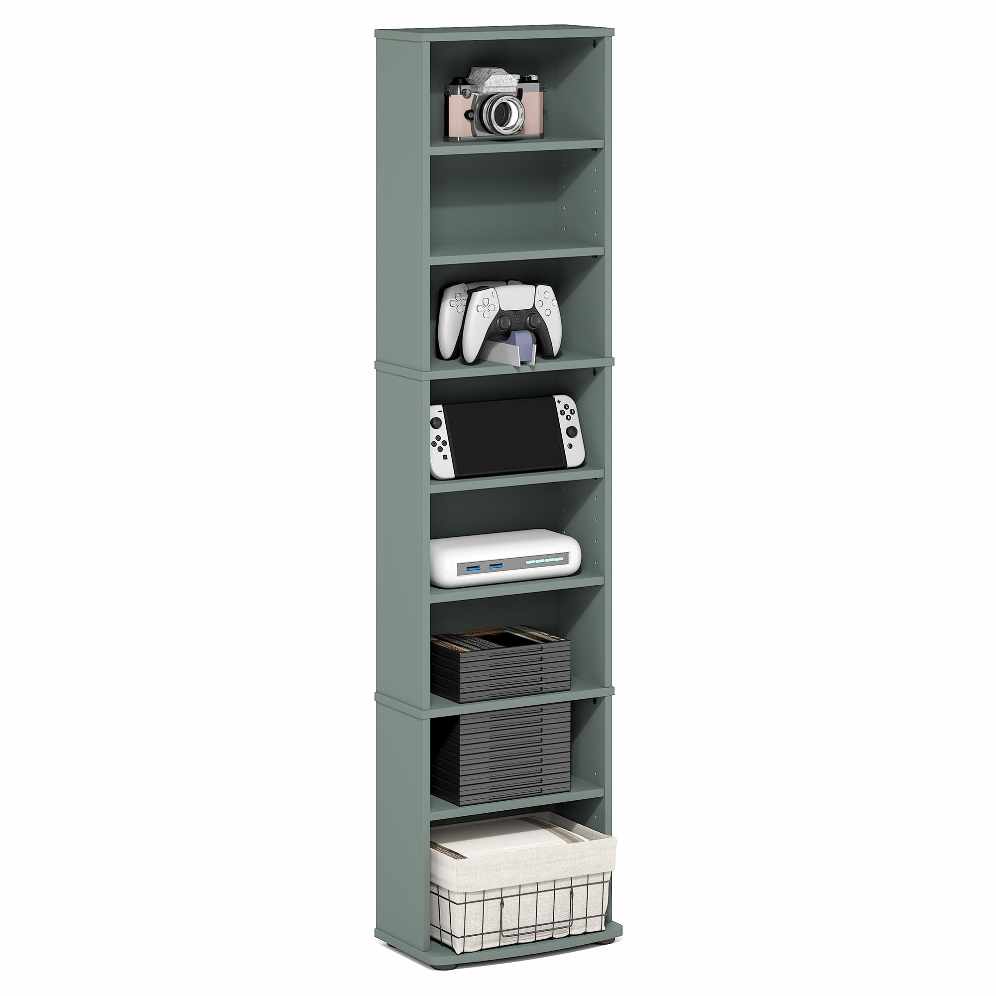 Furinno Jaya Estantería Alta Estrecha de 8 Niveles Multimedia Ajustable para CD DVD BLU-Ray Juegos fácil de Montar Sala de Estar y Oficina Blanco