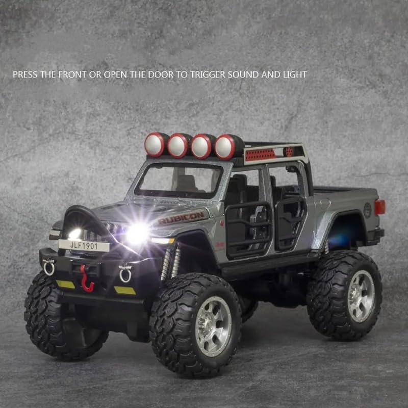 Image of Kids Model 1:32 Rubicon Die Cast Metal Car Pull Back Action Opening Doors with Realistic Engine Sound Lights Toy Car Gift for Boys - Silver