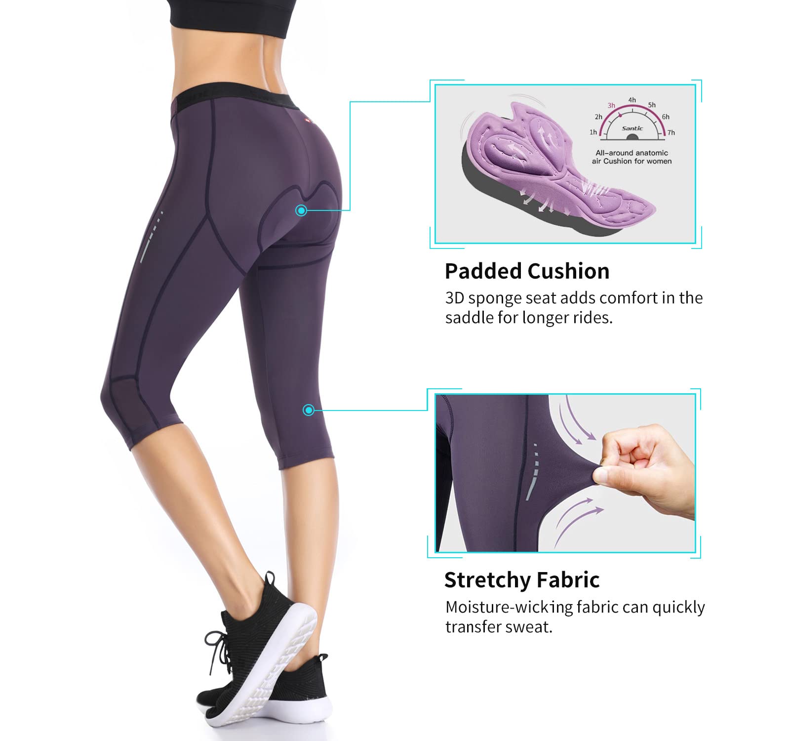 Santic Pantalon Cycliste 7/8 Cuissard Vélo Femme Rembourré pour Vélo Respirant Leggings de Vélo Collants de Cyclisme Longues VTT Noir
