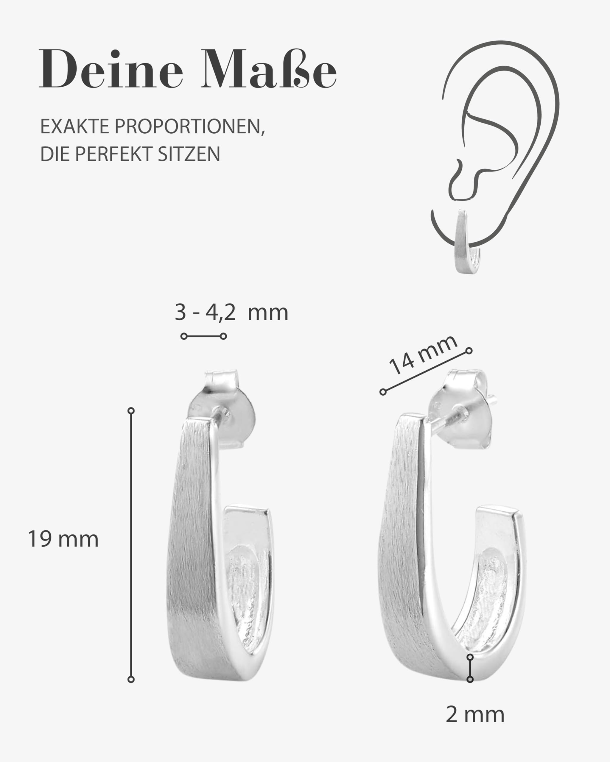 Vinani Damen Ohrstecker 925 Silber - Halb Creolen klein mattiert - Ohrringe aus 925 Sterling Silber - 2CHA