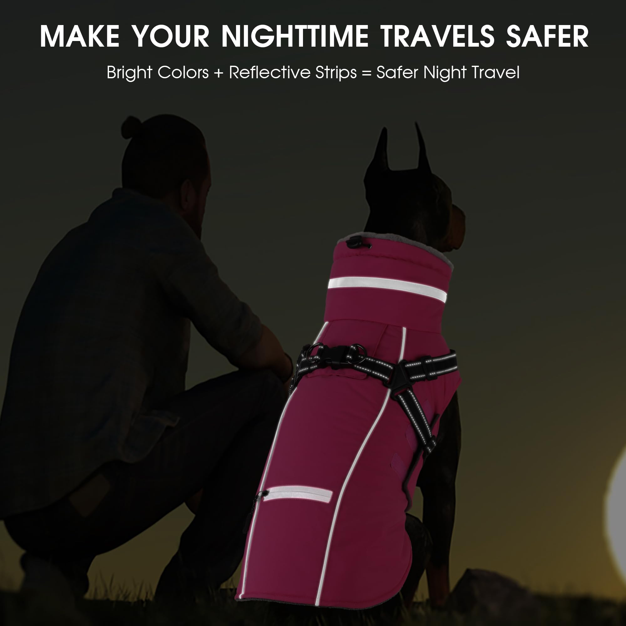 PETDSH - Chaqueta mediana para perro, arnés integrado con forro polar cálido, chaqueta reflectante impermeable para perro, abrigos para mascotas con bolsillo y bolsas de basura (rosa, M)