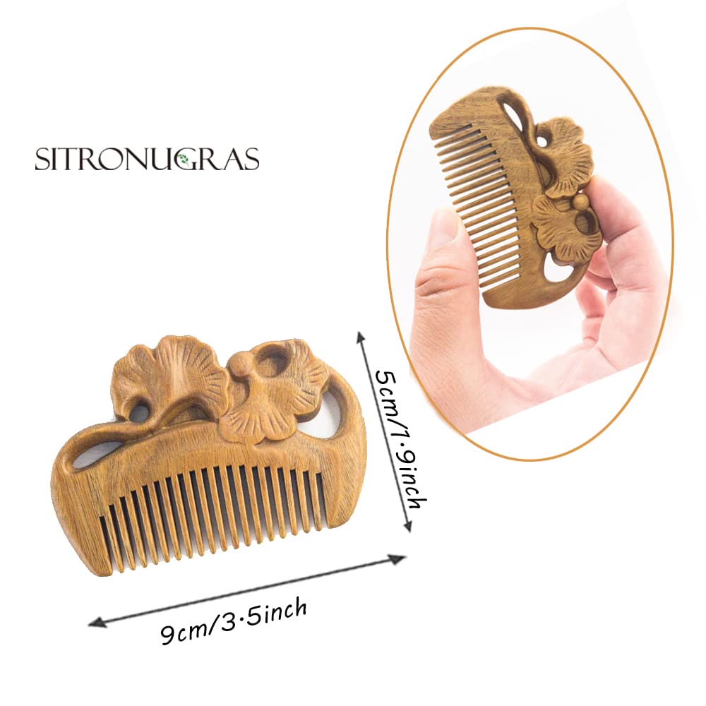Peine de sándalo natural de tamaño de bolsillo, peine de madera de sándalo verde tallado, peine de madera de dientes finos antiestático para mujeres y niños, 2 piezas con bolsa gratis