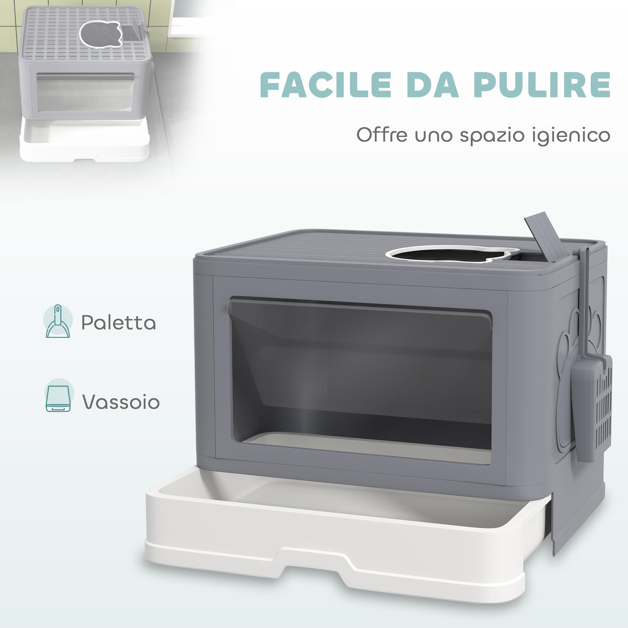 PawHut Lettiera per Gatti Chiusa con Coperchio Apertura Frontale Grigio | Toilette per Gatti, Doppia Entrata Frontale e Superiore, Cassetto Estraibile, Paletta e Spazzola, Facile da Pulire