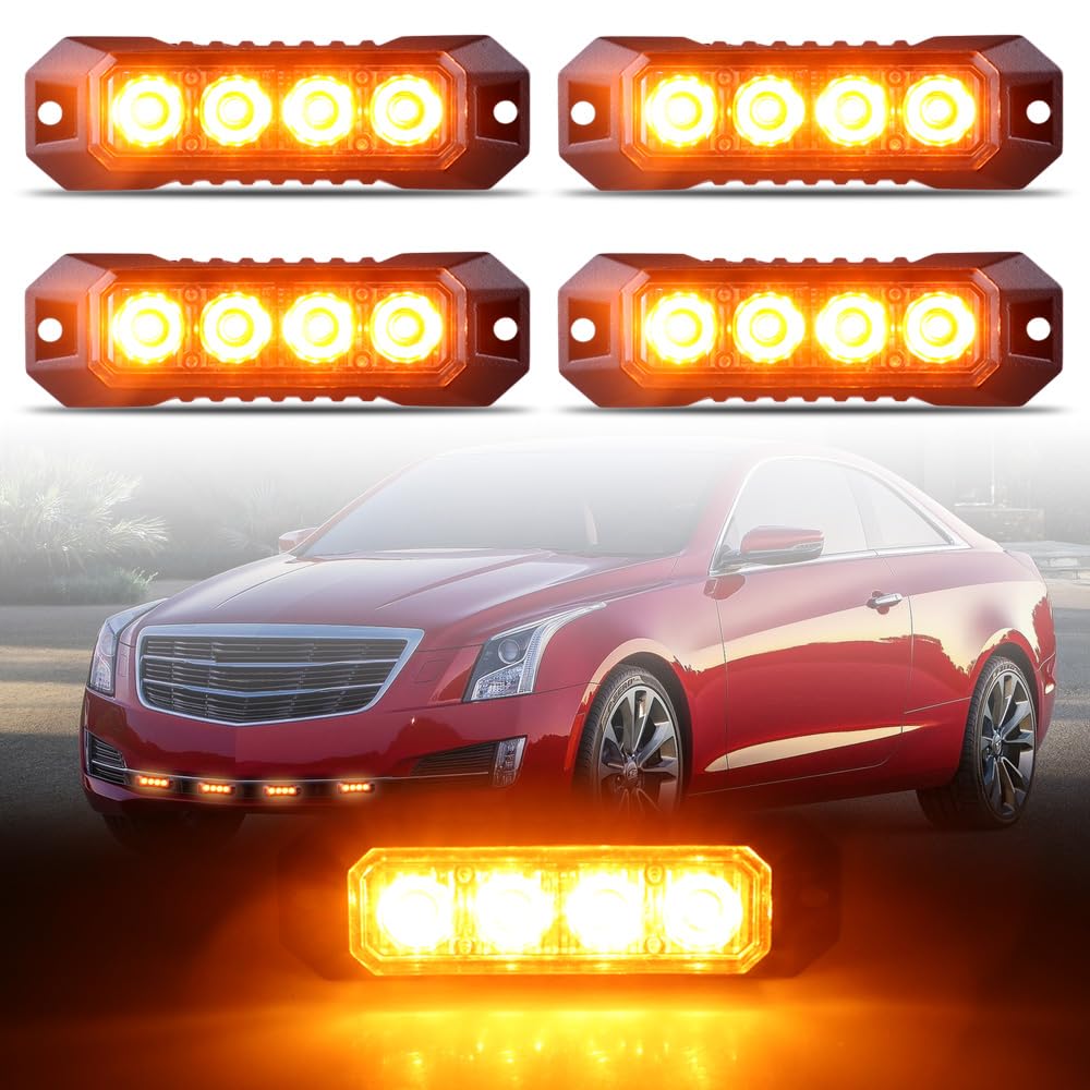 Raryloy 4-LED Surface Mount Strobe Lights for Trucks Car Vehicle Mini Grille Flashing Light Head Emergency Hazard Warning Grill Lamp Ultra Slim 4pcs Sync Feature (Amber)