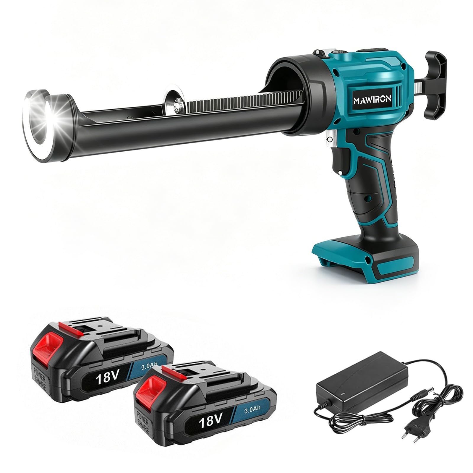 Pistola de calafateo con batería de 2 x 3000 mAh, prensa eléctrica de cartuchos con luz LED y 4 velocidades, para cartuchos de 300 ml, sellado, masilla