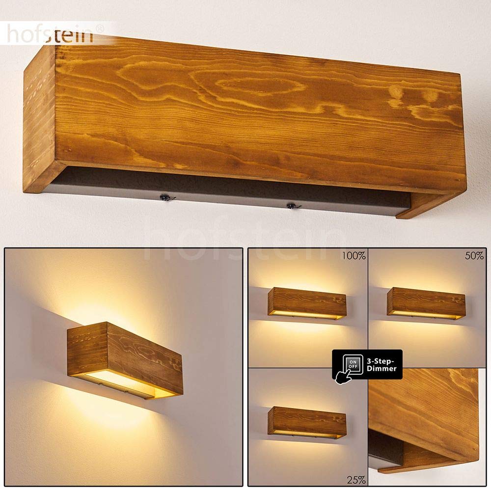 HOFSTEIN LED Wandlampe Adak, dimmbare Wandleuchte aus Holz/Metall in Braun/Grau, längliche Innenwandleuchte mit Up&Down Effekt, 13,5 Watt, 1800 Lumen, 3000 Kelvin, Wohnzimmer, Schlafzimmer, Flur